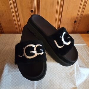 UGG Black and White Fur Slippers